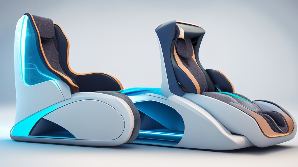Futurisztikus masszázsfotel AI interfészzel és biometrikus szenzorökkal modern okos otthoni wellness szobában holografikus kijelzővel